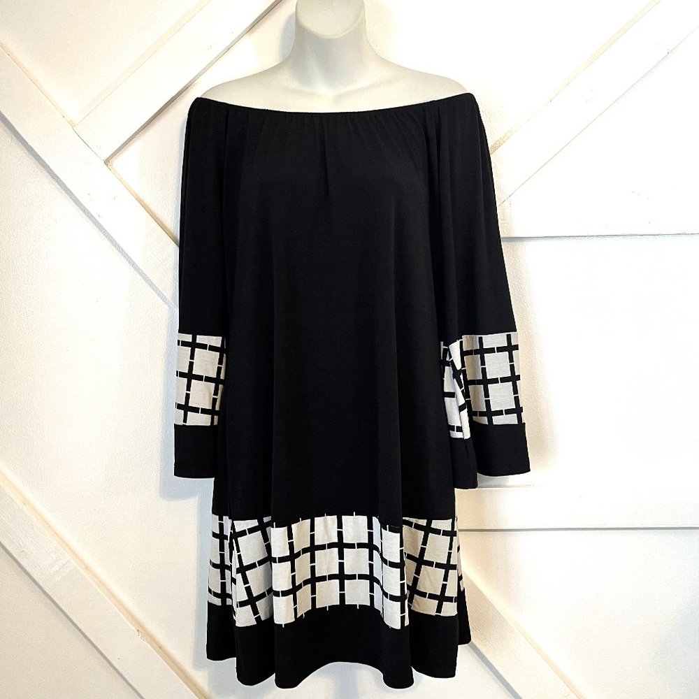 Tee for the Soul Black/White Colorblock Bell Sleeve Off the Shoulder Dress